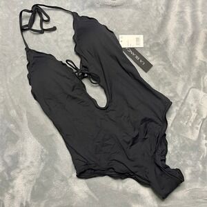 LA BLANCA Black Ruffled Scalloped Halter One Piece Swimsuit Womens Size 8